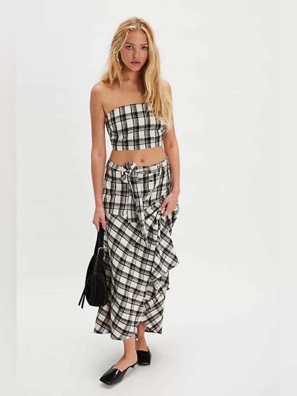 Free People After You set Black & White Plaid Maxi Skirt with Tie Detail